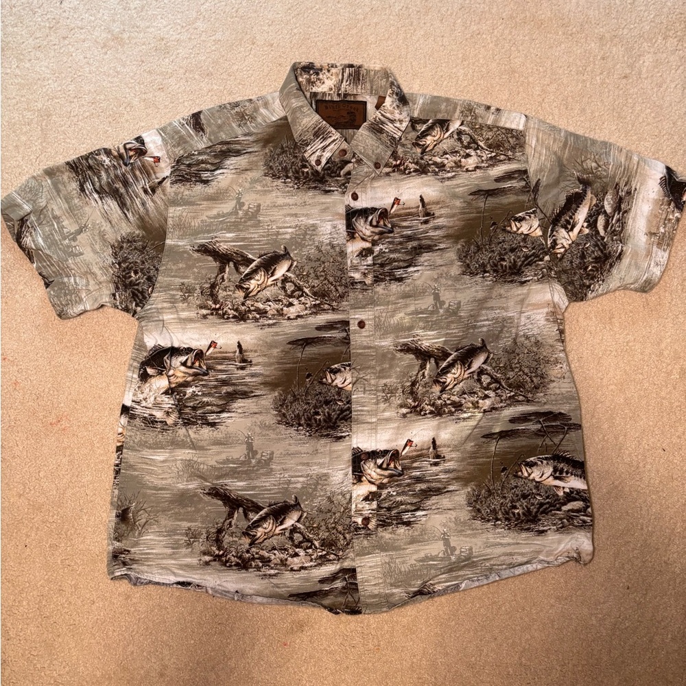 Bass All Over Print Fish Bluff Creek Short Sleeve Outdoor Shirt Mens Sz XL AOP